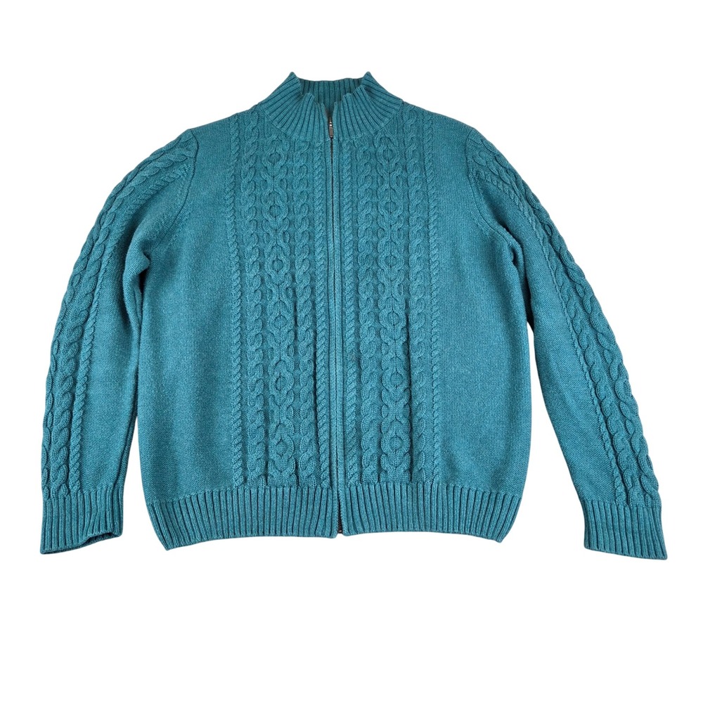 LL Bean Sweater Jacket Full Zip XL Teal Mock Neck Fisherman Cable Knit Chunky